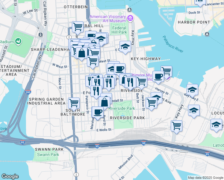 map of restaurants, bars, coffee shops, grocery stores, and more near 214 East Fort Avenue in Baltimore