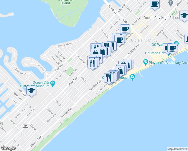map of restaurants, bars, coffee shops, grocery stores, and more near 1402 Central Avenue in Ocean City