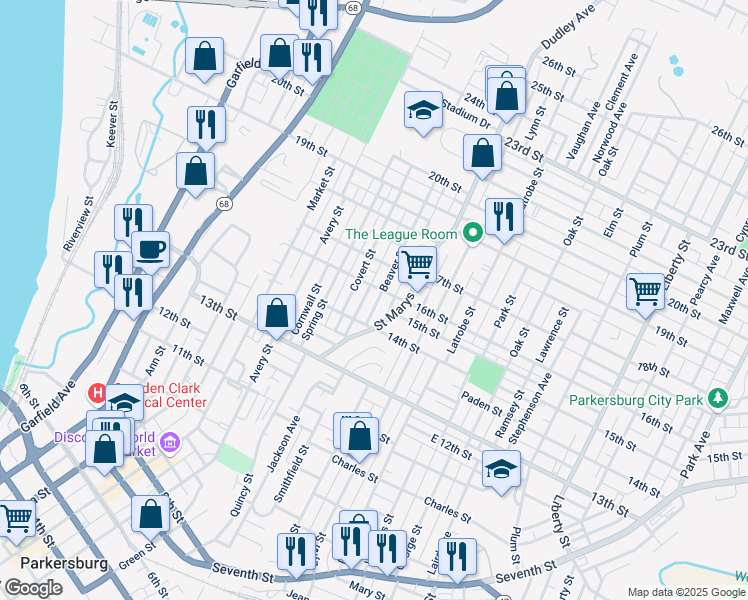 map of restaurants, bars, coffee shops, grocery stores, and more near 1505 Beaver Street in Parkersburg