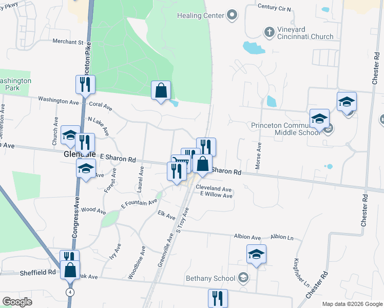map of restaurants, bars, coffee shops, grocery stores, and more near 1043 Greenville Avenue in Cincinnati
