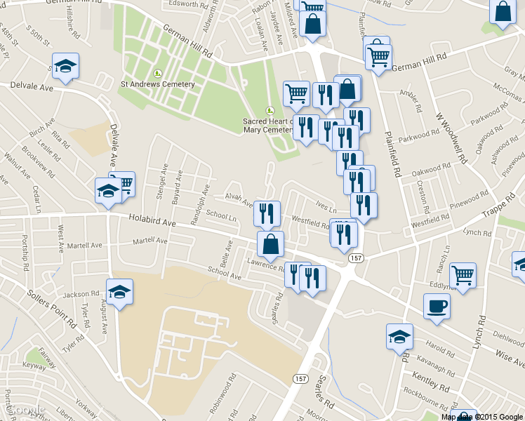 map of restaurants, bars, coffee shops, grocery stores, and more near 1700 Holaview Road in Dundalk