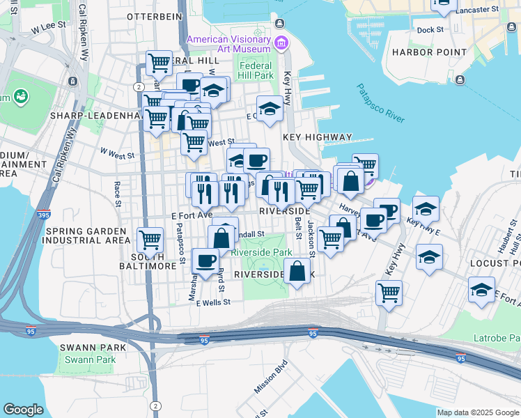 map of restaurants, bars, coffee shops, grocery stores, and more near 402 East Fort Avenue in Baltimore
