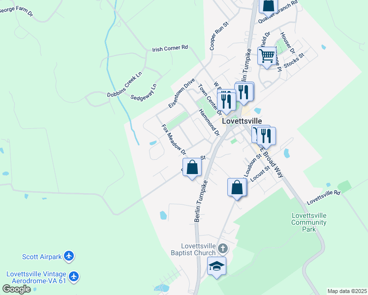map of restaurants, bars, coffee shops, grocery stores, and more near 2 Fox Meadow Drive in Lovettsville