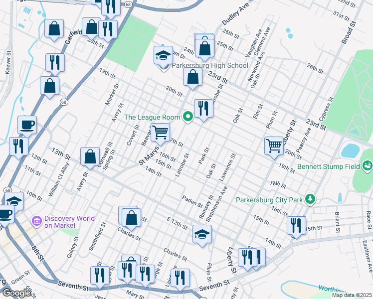 map of restaurants, bars, coffee shops, grocery stores, and more near 1625 Latrobe Street in Parkersburg