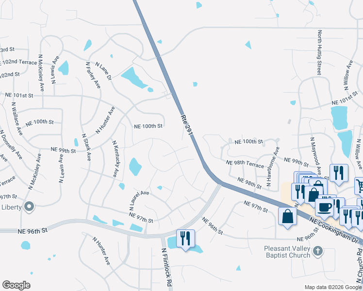 map of restaurants, bars, coffee shops, grocery stores, and more near 9393 Northeast Cookingham Drive in Kansas City