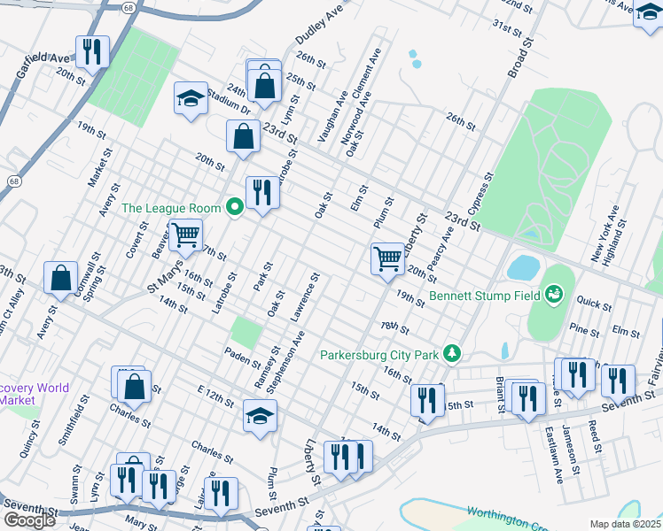 map of restaurants, bars, coffee shops, grocery stores, and more near 1628 19th Street in Parkersburg
