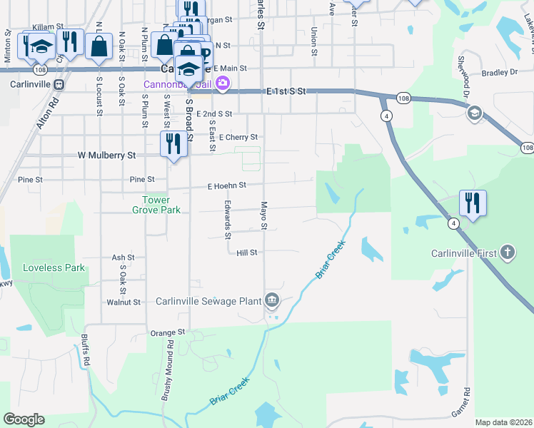 map of restaurants, bars, coffee shops, grocery stores, and more near 805 Mayo Street in Carlinville