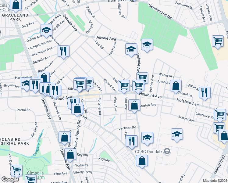 map of restaurants, bars, coffee shops, grocery stores, and more near 7108 Maple Drive in Dundalk