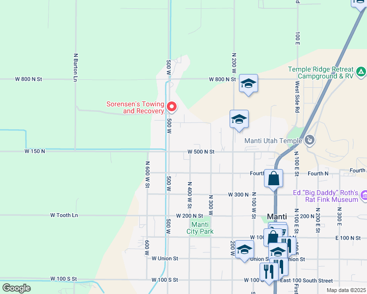 map of restaurants, bars, coffee shops, grocery stores, and more near 420 West 500 North Street in Manti