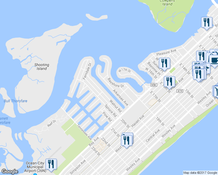 map of restaurants, bars, coffee shops, grocery stores, and more near 40 Arkansas Avenue in Ocean City
