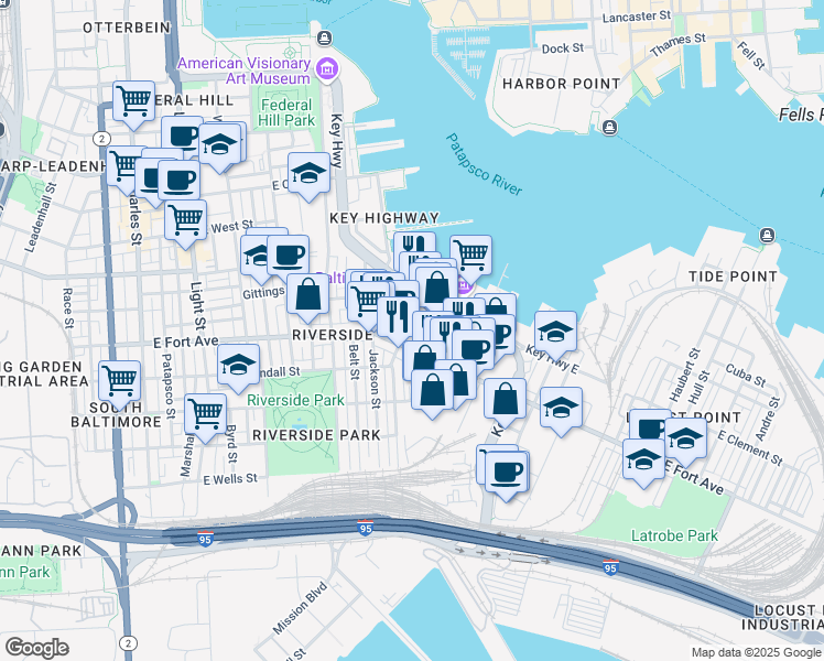 map of restaurants, bars, coffee shops, grocery stores, and more near 1409 Webster Street in Baltimore