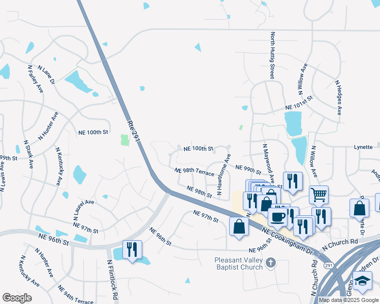 map of restaurants, bars, coffee shops, grocery stores, and more near 9523 Northeast 100th Street in Kansas City