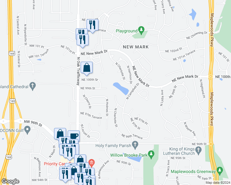 map of restaurants, bars, coffee shops, grocery stores, and more near 700 Northeast 98th Terrace in Kansas City