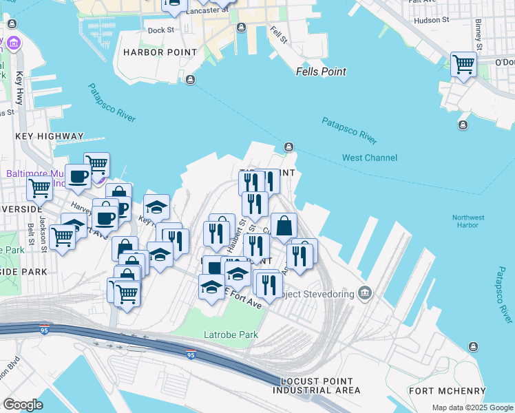 map of restaurants, bars, coffee shops, grocery stores, and more near 1152 Hull Street in Baltimore