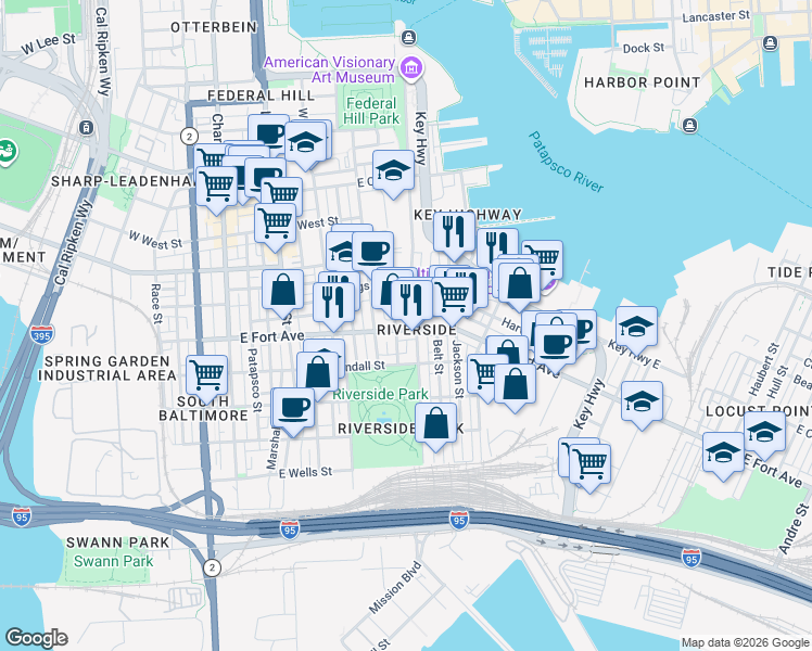map of restaurants, bars, coffee shops, grocery stores, and more near 442 East Fort Avenue in Baltimore