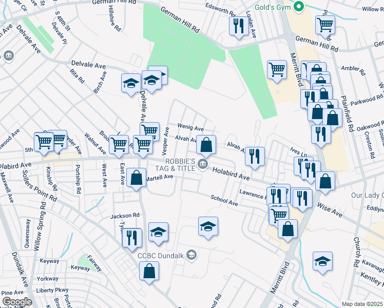 map of restaurants, bars, coffee shops, grocery stores, and more near 7305 School Lane in Dundalk