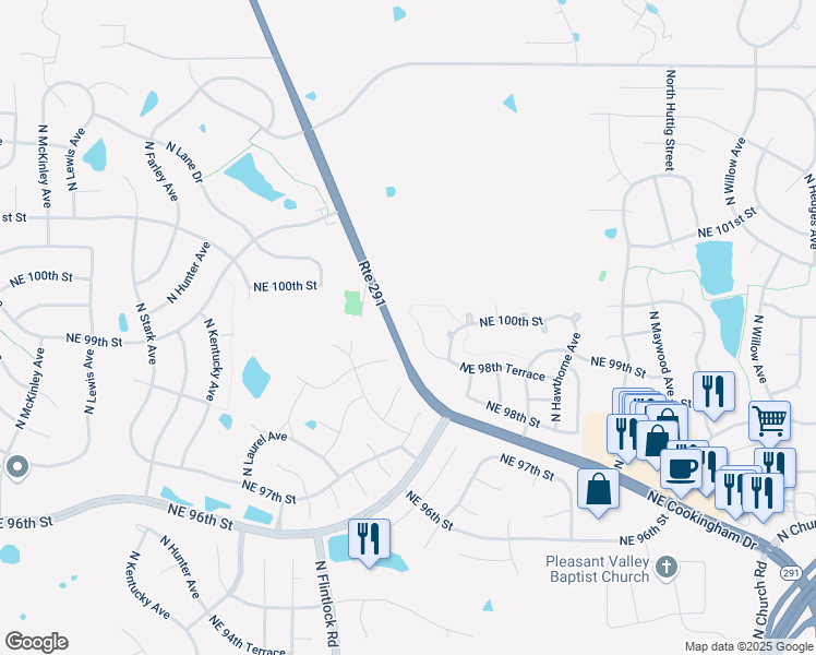map of restaurants, bars, coffee shops, grocery stores, and more near 10004 North Oxford Court in Kansas City