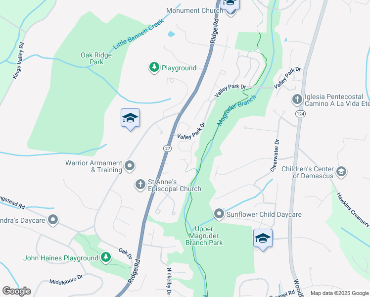 map of restaurants, bars, coffee shops, grocery stores, and more near 10405 Damascus Park Lane in Damascus