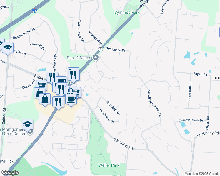 map of restaurants, bars, coffee shops, grocery stores, and more near 8680 Totempole Drive in Cincinnati