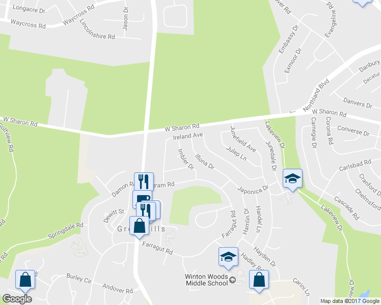map of restaurants, bars, coffee shops, grocery stores, and more near 65 Illona Drive in Cincinnati
