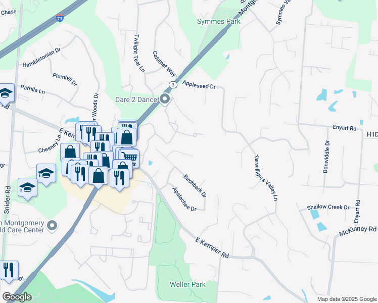 map of restaurants, bars, coffee shops, grocery stores, and more near 8680 Totempole Drive in Cincinnati