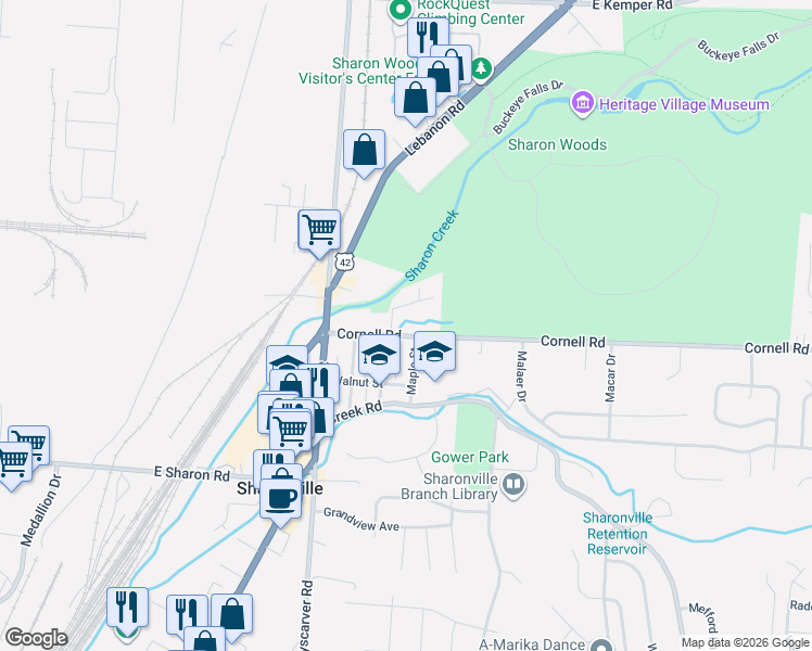 map of restaurants, bars, coffee shops, grocery stores, and more near 3530 Cornell Road in Cincinnati