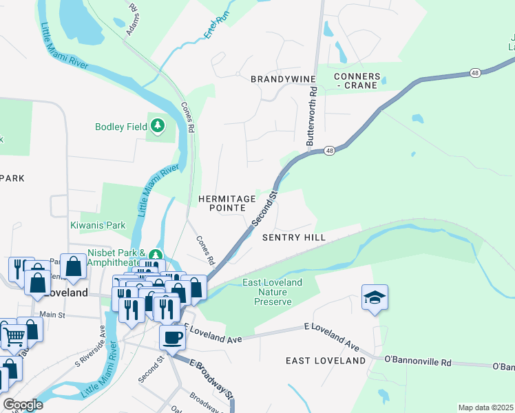map of restaurants, bars, coffee shops, grocery stores, and more near 501 North 2nd Street in Loveland