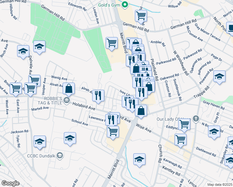 map of restaurants, bars, coffee shops, grocery stores, and more near 1617 Searles Road in Dundalk