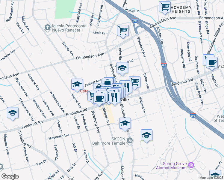map of restaurants, bars, coffee shops, grocery stores, and more near 12 Jones Avenue in Baltimore