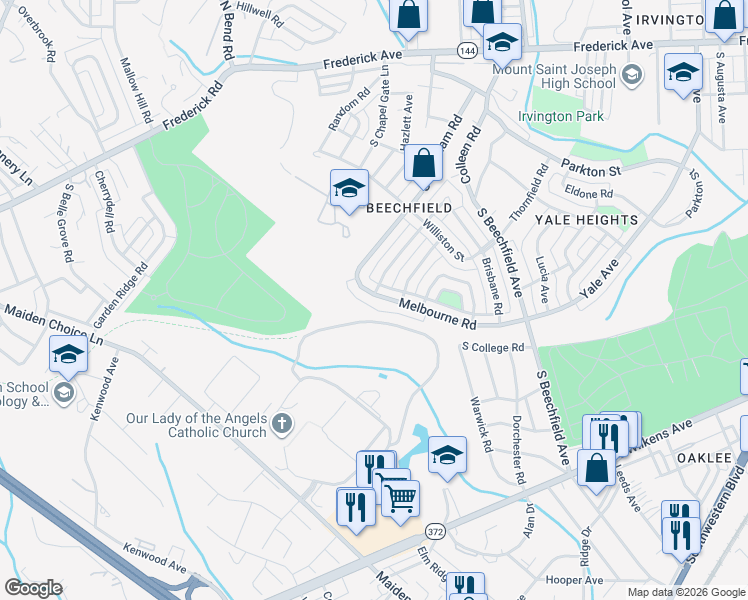 map of restaurants, bars, coffee shops, grocery stores, and more near 4865 Melbourne Road in Baltimore