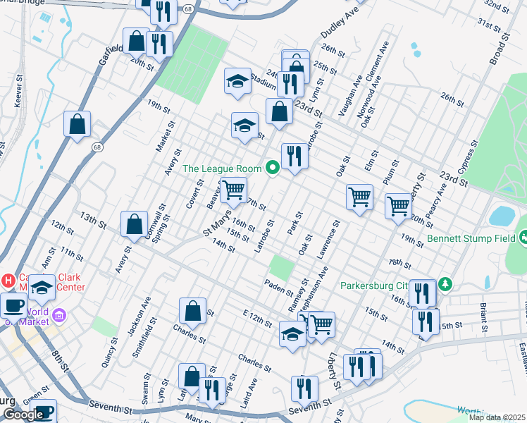 map of restaurants, bars, coffee shops, grocery stores, and more near 908 17th Street in Parkersburg