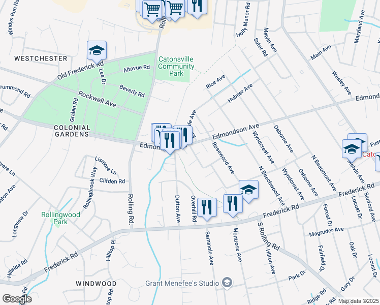map of restaurants, bars, coffee shops, grocery stores, and more near 122 Smithwood Avenue in Catonsville