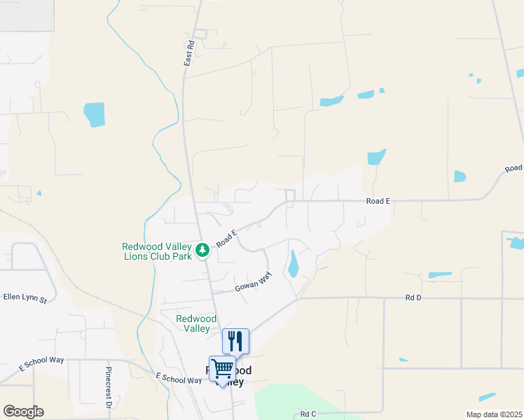 map of restaurants, bars, coffee shops, grocery stores, and more near 2150 Road East in Redwood Valley
