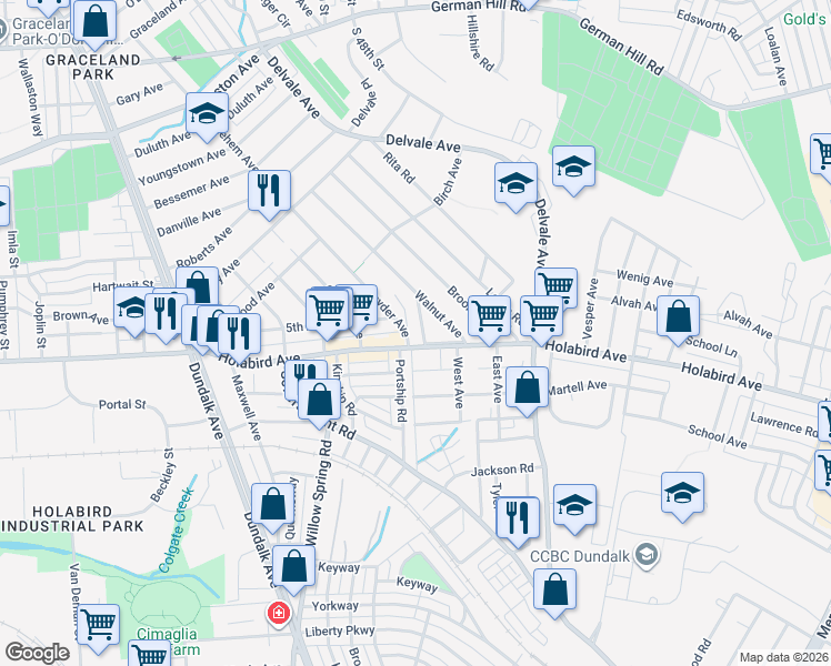 map of restaurants, bars, coffee shops, grocery stores, and more near 1938 Cedar Lane in Dundalk