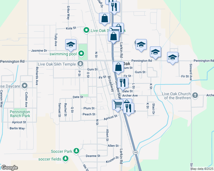 map of restaurants, bars, coffee shops, grocery stores, and more near Elm Street in Live Oak