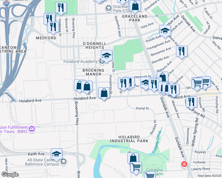map of restaurants, bars, coffee shops, grocery stores, and more near Eastbourne Avenue in Baltimore