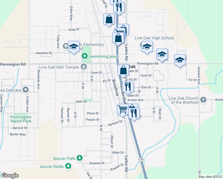 map of restaurants, bars, coffee shops, grocery stores, and more near Elm Street in Live Oak