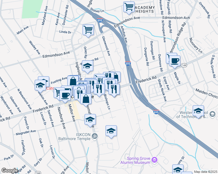 map of restaurants, bars, coffee shops, grocery stores, and more near 580 Frederick Road in Catonsville