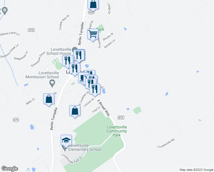 map of restaurants, bars, coffee shops, grocery stores, and more near 33 Park Place in Lovettsville