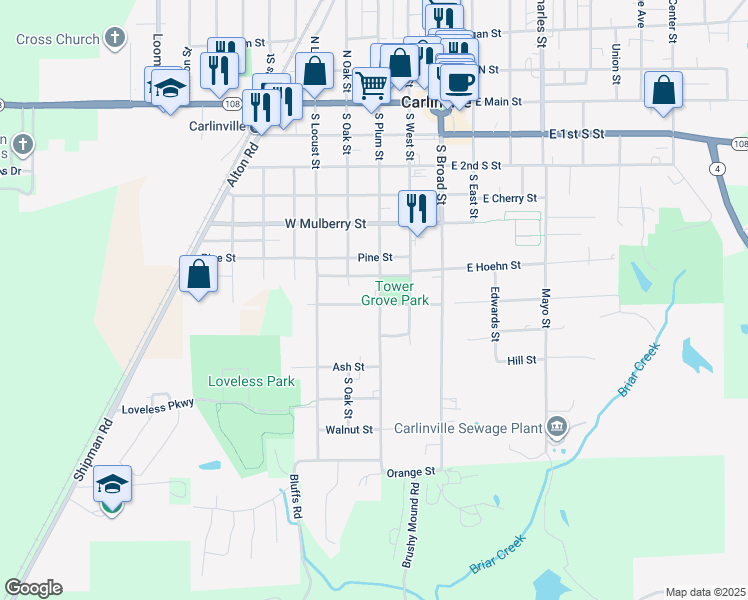 map of restaurants, bars, coffee shops, grocery stores, and more near 724 South Plum Street in Carlinville