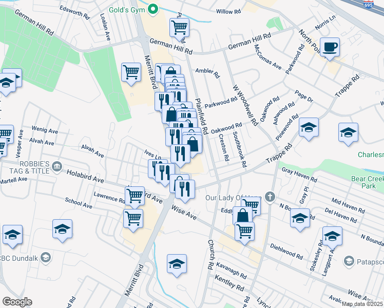 map of restaurants, bars, coffee shops, grocery stores, and more near 1601 Merritt Boulevard in Baltimore