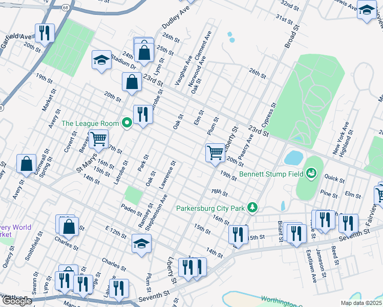 map of restaurants, bars, coffee shops, grocery stores, and more near 1628 19th Street in Parkersburg