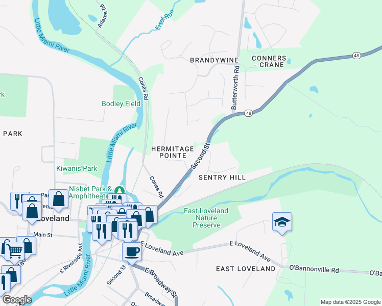 map of restaurants, bars, coffee shops, grocery stores, and more near 501 North 2nd Street in Loveland
