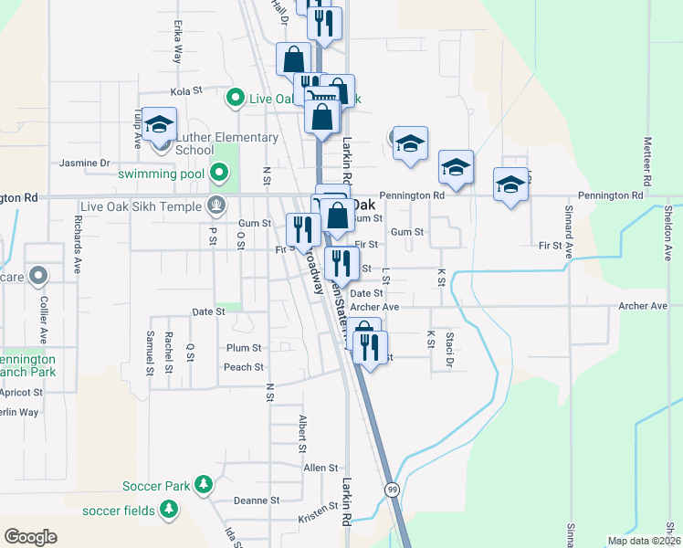 map of restaurants, bars, coffee shops, grocery stores, and more near 9793 Live Oak Boulevard in Live Oak