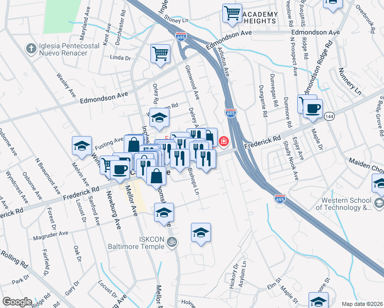 map of restaurants, bars, coffee shops, grocery stores, and more near 3 Saint Timothys Lane in Catonsville