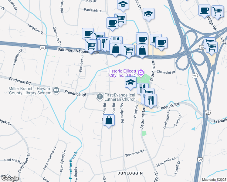 map of restaurants, bars, coffee shops, grocery stores, and more near 9214 Frederick Road in Ellicott City