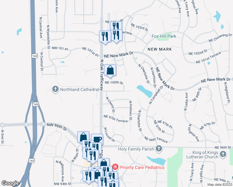 map of restaurants, bars, coffee shops, grocery stores, and more near 623 Northeast 99th Street in Kansas City
