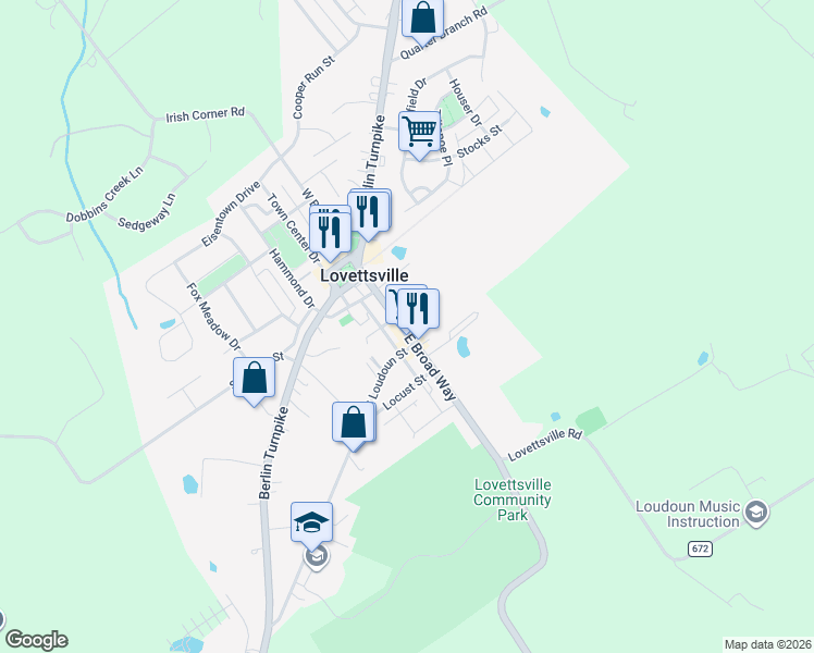 map of restaurants, bars, coffee shops, grocery stores, and more near 13 East Broad Way in Lovettsville