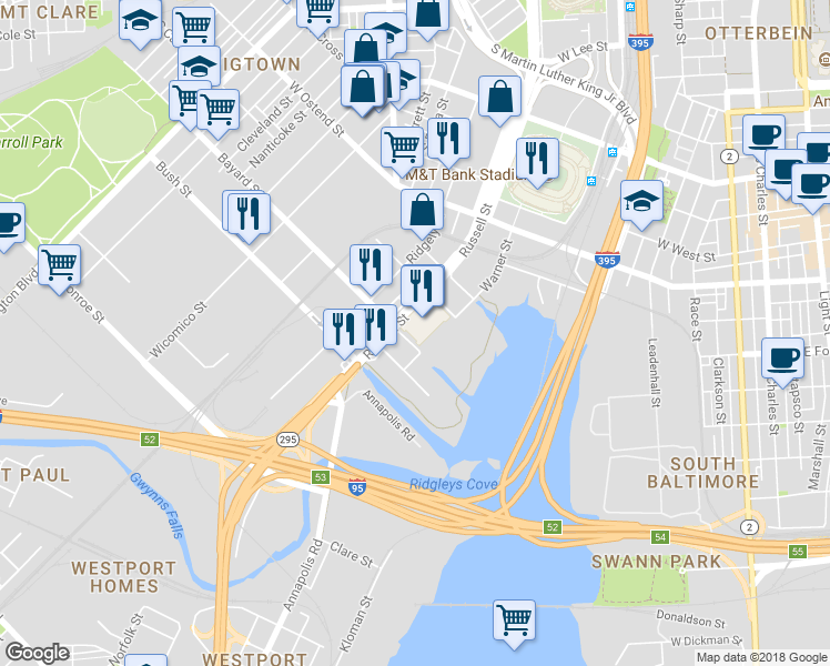 map of restaurants, bars, coffee shops, grocery stores, and more near 1551 Russell Street in Baltimore