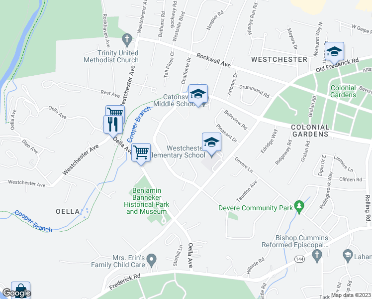 map of restaurants, bars, coffee shops, grocery stores, and more near 225 Worthmont Road in Catonsville